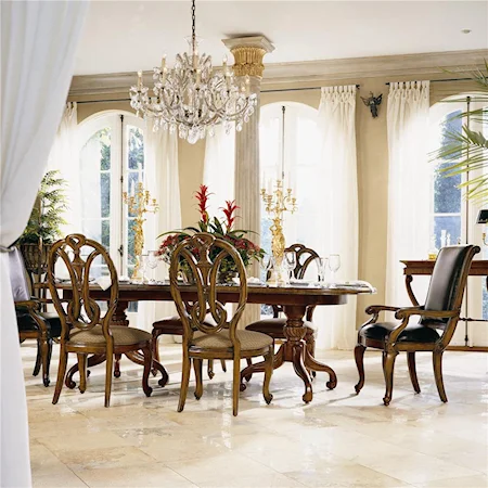 Double Pedestal Dining Table with 2 Leather Dining Arm Chairs and 4 Splat Back Chairs Set